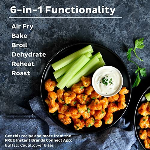 Plate of buffalo cauliflower bites with celery and dip, highlighting 6-in-1 cooking functionality.