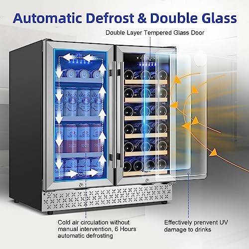 Refrigerator with automatic defrost and double glass door, showcasing cold air circulation and UV protection features.