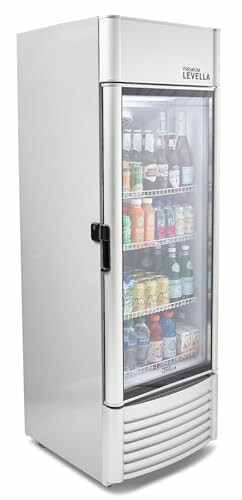 Commercial beverage cooler with assorted drinks.