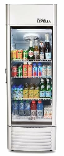 Glass door beverage cooler filled with assorted drinks.