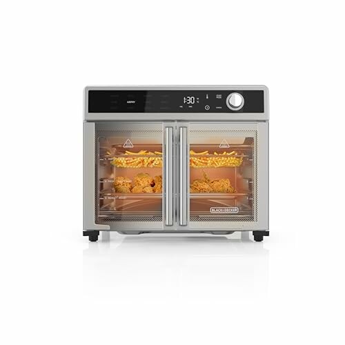 Black+Decker air fryer oven with chicken and fries inside