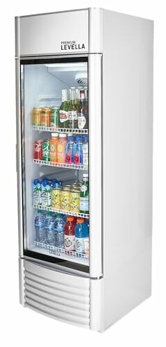 Commercial fridge filled with assorted beverages.