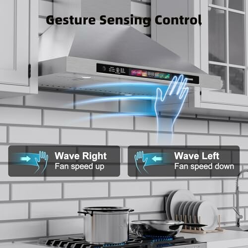 Kitchen range hood with gesture sensing control for fan speed adjustment.