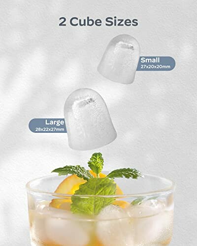 Two ice cube sizes with measurements above a glass with mint and lemon.