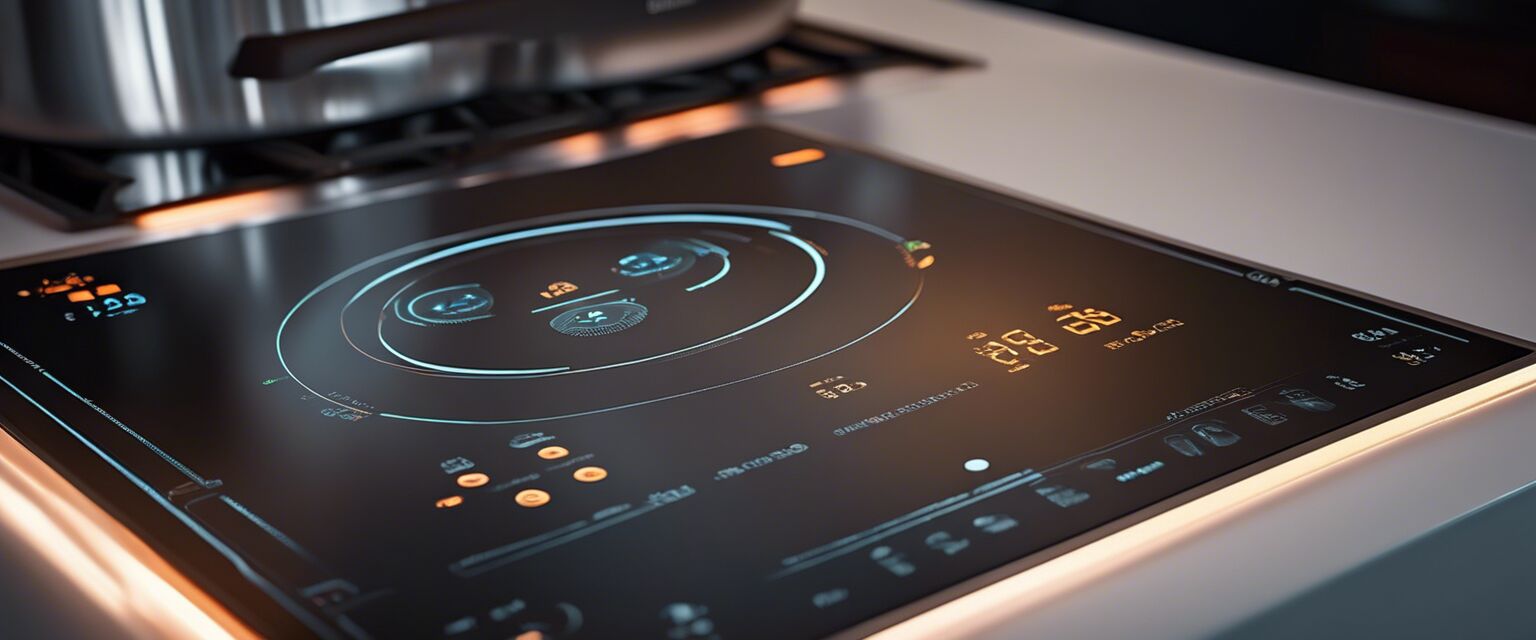 Close-up of a smart cooktop touchscreen