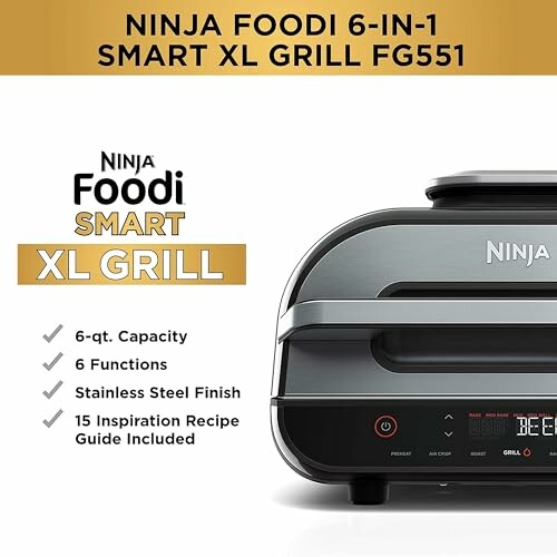 Ninja Foodi 6-in-1 Smart XL Grill with capacity, functions, and features listed.