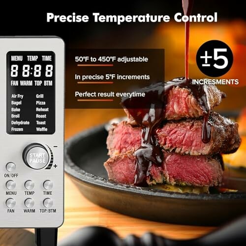 Air fryer with precise temperature control and sliced steak.