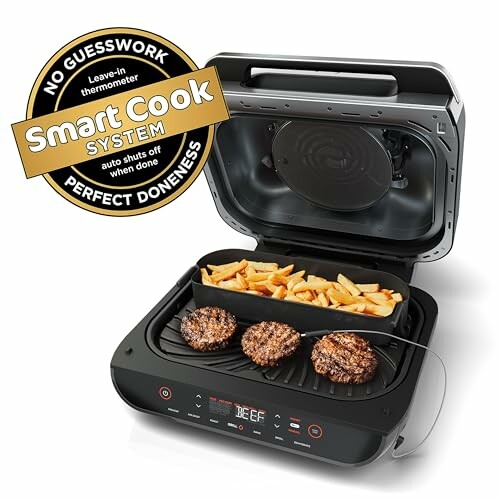 Smart grill with burgers and fries, featuring a Smart Cook System.